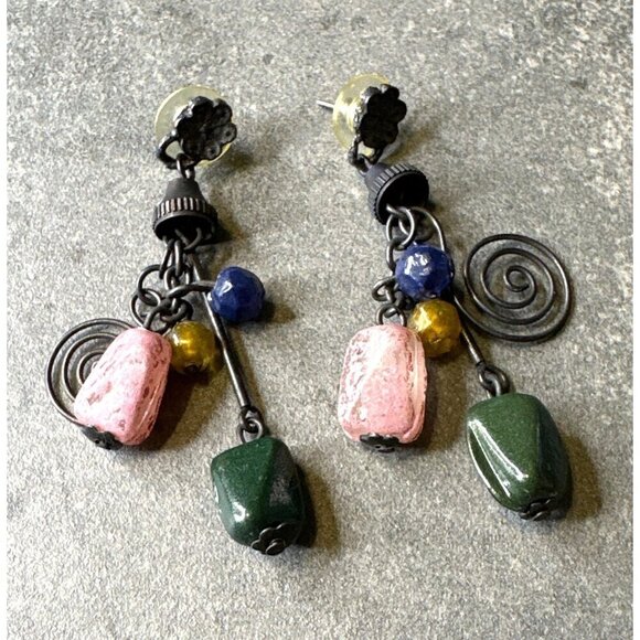 Vintage Natural Stone Dangle Earrings With Multicolor Beads & Spiral Design - Picture 4 of 4